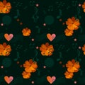 Ditsy floral pattern with orange cosmos flowers, musical rulers passing through the heart, music notes and signs, stars