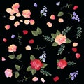 Ditsy floral pattern with roses and bell flowers on black background. Manton fragment Royalty Free Stock Photo