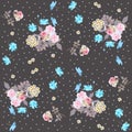 Ditsy floral pattern with roses, daisies, forget me not and cosmos flowers.