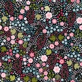 Ditsy floral seamless pattern with pink and blue flowers, green leaves and purple berries. Summer field. Beautiful print