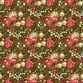 Ditsy floral seamless pattern in russian style. Cute fairy peacocks, leaves, roses, tulips flowers on dark green background