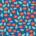 Ditsy Flower pattern seamless vector background. Red and teal green florals on a blue background. Repeating ditsy flower Royalty Free Stock Photo