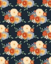 Ditsy hippie texture with bouquet groovy flowers with stems in row on dark blue background. Vector seamless retro pattern Royalty Free Stock Photo