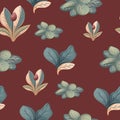 Ditsy liberty style seamless patterns. Set of summer daisy flowers in brown background. Simple flat modern drawing. Floral texture