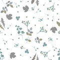Ditsy natural pattern in grey and green tones. Leaves of viburnum, dandelion, rose, clover, branches and bud of spirea