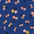 Ditsy Scandinavian style folk flowers vector pattern. Scattered orange pink yellow black florals on blue seamless vector