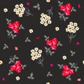 Ditsy seamless floral pattern with bouquets of red roses and white daisies on black background. Royalty Free Stock Photo