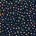 Ditsy seamless floral pattern with colorful wild flowers and leaves on black background. Beautiful vector illustration. Royalty Free Stock Photo