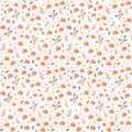 Ditsy seamless floral pattern with little orange flowers on white background