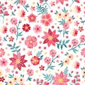 Ditsy seamless floral pattern in vector. Bright embroidery of flowers and leaves on white background. Print for fabric, paper Royalty Free Stock Photo