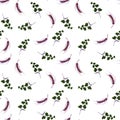 Ditsy seamless natural pattern. Stylized green bell flowers and dark purple ears of wheat isolated on white background. Royalty Free Stock Photo