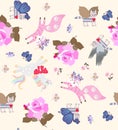 Ditsy seamless pattern with cute cartoon unicorns, winged tabby cats, jumping foxes and flying birds Royalty Free Stock Photo
