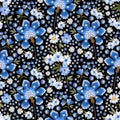 Ditsy seamless pattern with embroidery flowers in blue and white colors. Fashion print for fabric