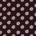 Ditsy seamless pattern with little daisy flower silhouettes print. Dark brown background. Contrast floral artwork