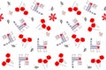 Ditsy seamless pattern with tabby cats, leaves and red poppies and lilies flowers isolated on white background. Print for fabric Royalty Free Stock Photo