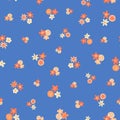 Ditsy summer flowers vector pattern. Scattered orange pink yellow florals on royal blue seamless vector background