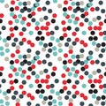 Ditsy vector polka dot pattern with random hand painted circles in various colors.