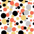 Ditsy vector polka dot pattern with random hand painted circles in white, black, coral red, silver, gold colors