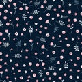 Ditsy vector seamless pattern with small pink flowers and leaves on dark background.