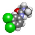 Diuron (DCMU) herbicide molecule. 3D rendering. Atoms are represented as spheres with conventional color coding: hydrogen (white