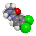 Diuron (DCMU) herbicide molecule. 3D rendering. Atoms are represented as spheres with conventional color coding: hydrogen (white