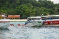 Dive boat leaving Ao Tonsai, on Koh Phi Phi Don. boat diving Koh Phi Phi Royalty Free Stock Photo