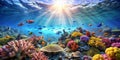 Immerse Yourself in a Vibrant Coral Paradise A Symphony of Color and Fishes Under the Sea Royalty Free Stock Photo