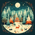 a christmas scene with a house and deers in the snow and a full moon in the sky