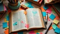 Dive deep into colorful notes illuminating an open book a literary study scene with warm inviting Royalty Free Stock Photo