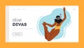 Dive Divas Landing Page Template. Female Swimmer Character Gracefully Glides Through Water, Arms Extended