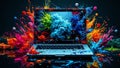 Vibrant Ink Splatters Embrace a Laptop Inspiring Digital Workspace Design and Productivity Royalty Free Stock Photo
