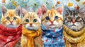 Four cute watercolor kittens wearing scarves with a beautiful background of falling leaves and flowers