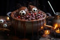 A chocolate cauldron filled with bubbling hot cocoa,marshmallow \