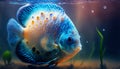 Mesmerizing Blue Discus Fish in the colorful reef. Generative AI