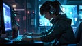 Immersive Cyberpunk Hacker Environment with Advanced Tech and Neon Aesthetics