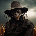 Harbinger of Shadows: Scary Scarecrow with Skull Face Amidst Cornfield