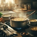 Steamy Kitchen Scene: Cooking Pasta on Stove Royalty Free Stock Photo