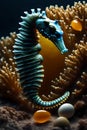 Enchanting Underwater Symphony: Blue Seahorse Amidst Vibrant Corals