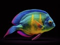 Vibrant AI-generated underwater art with hyper-realistic sci-fi style, realistic fish portraits, saturated colors, light crimson &