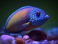 Vibrant AI-generated underwater art with hyper-realistic sci-fi style, realistic fish portraits, saturated colors, light crimson &