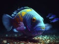 Vibrant AI-generated underwater art with hyper-realistic sci-fi style, realistic fish portraits, saturated colors, light crimson &