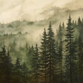 Ethereal Vintage: Misty Spruce Forest Monotype Print