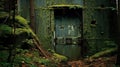 A rusted steel door concealed deep within a dense forest.