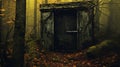 A rusted steel door concealed deep within a dense forest.