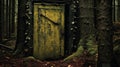 A rusted steel door concealed deep within a dense forest.