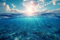 serene underwater scene with sunlit ocean waves, waterline, Generative AI