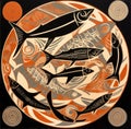 Abstract Colourful Fish in Terracotta Medallion Style (AI Generated)