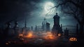 Halloween Night Background with Spooky Castle and Pumpkins