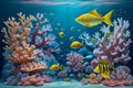 A colorful coral reef with a yellow fish swimming in the water generated by ai