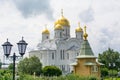 Diveevo, Russia. June 12, 2021. Orthodox church with golden domes with crosses. Christian temple Royalty Free Stock Photo